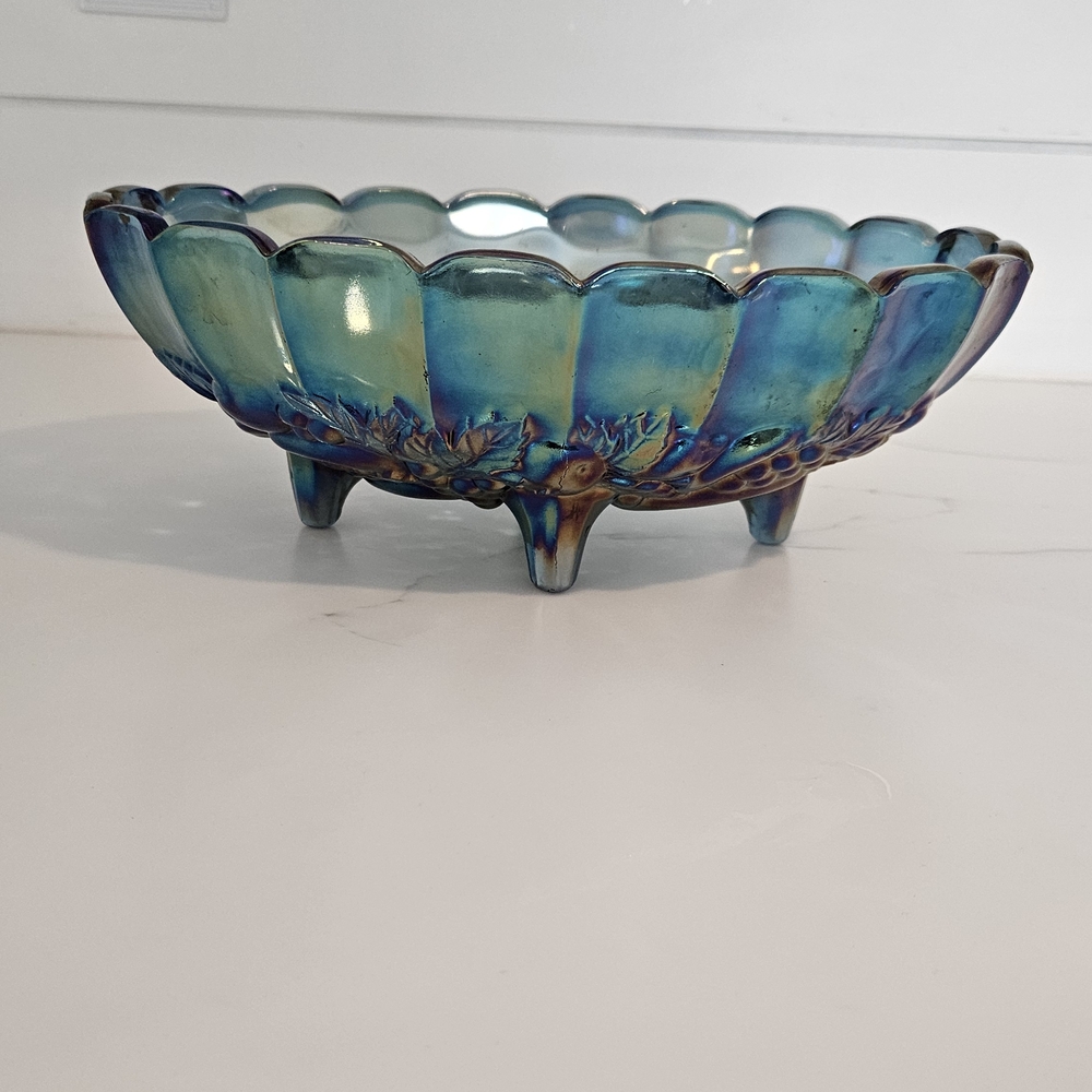 Vintage Indiana Carnival Glass Iridescent Blue Oval Footed Harvest Grape Bowl